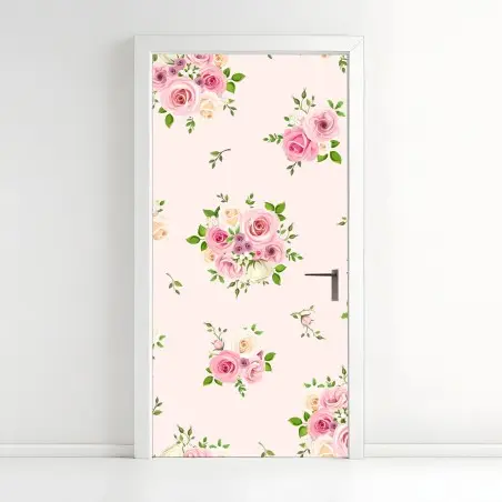 Adesivo per porta bouquet di rose pastello su sfondo rosa • Wallissimo®