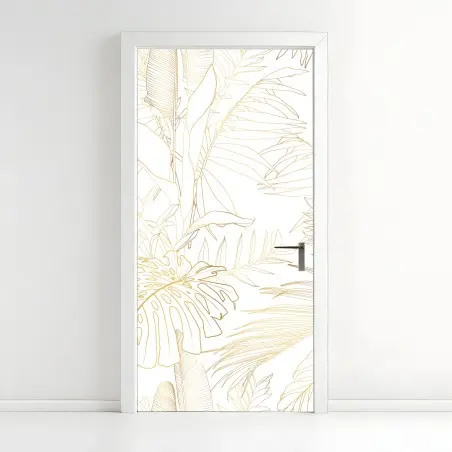 Adesivo per porta motivo botanico tropicale in linee dorate • Wallissimo®