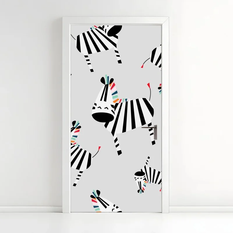 Adesivo per porta zebre giocose su sfondo grigio