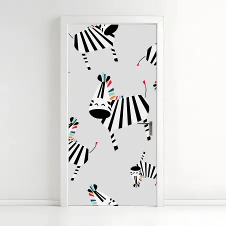 Adesivo per porta zebre giocose su sfondo grigio • Wallissimo®