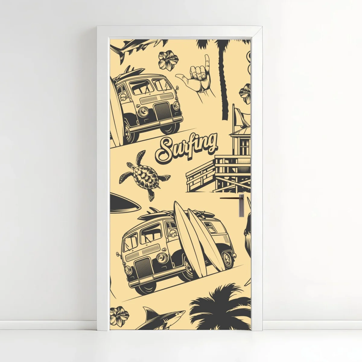 Adesivo per porta motivo surf retrò tropicale • Wallissimo® Adesivo per porta motivo surf retrò tropicale • Wallissimo®