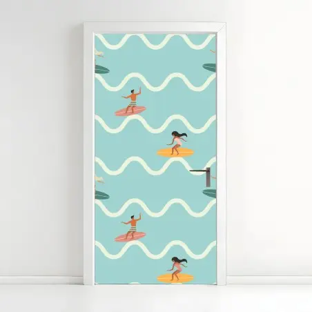 Adesivo per porta motivo surf sulle onde estive • Wallissimo®
