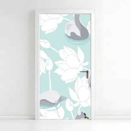 Adesivo per porta eleganza di cigni e fiori di loto • Wallissimo®