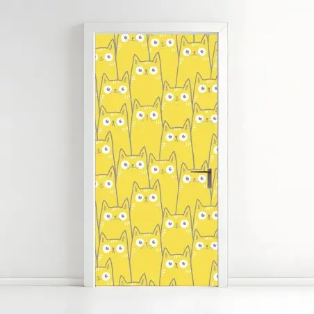 Adesivo per porta pattern di gatti gialli dal design minimalista • Wallissimo®