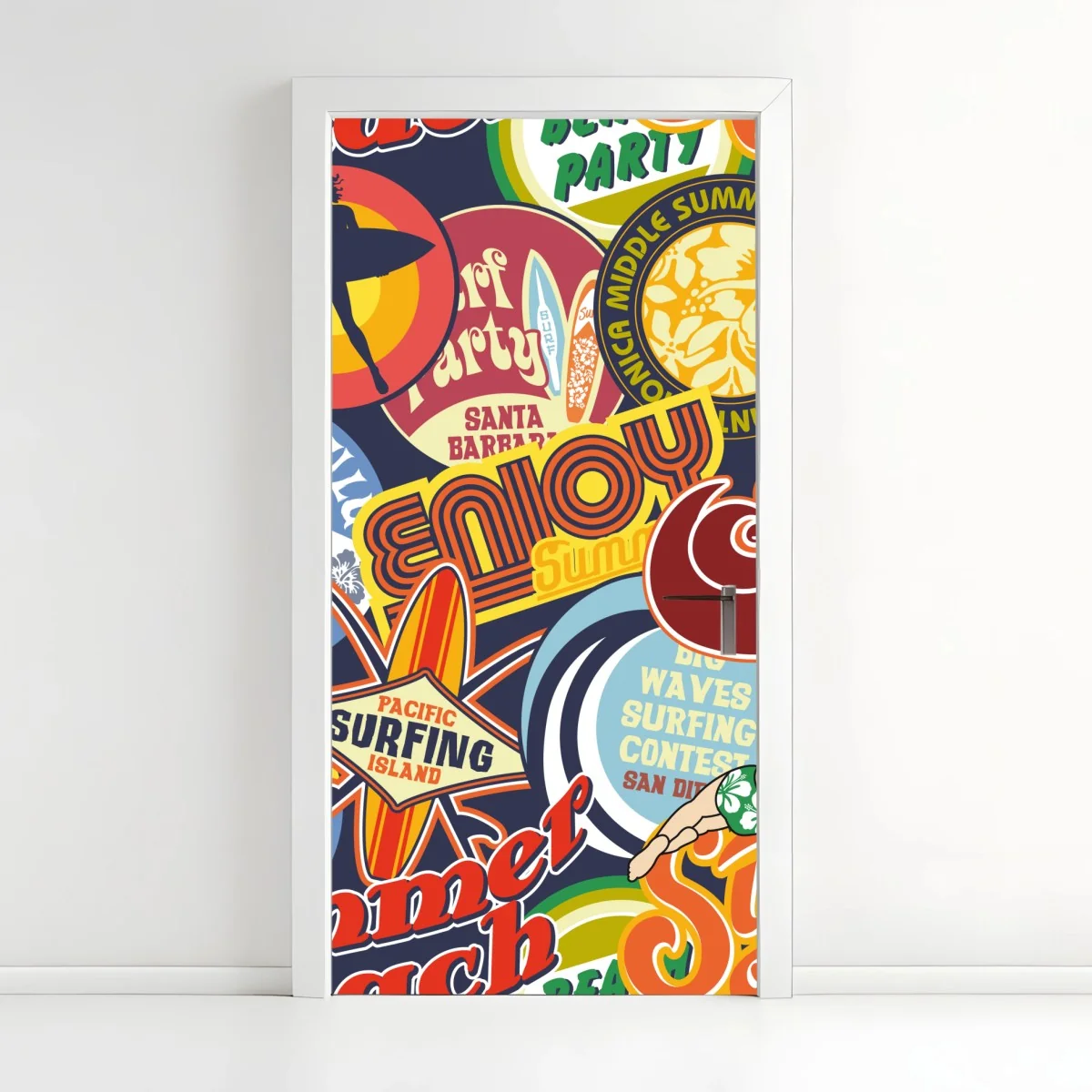 Adesivo per porta collage estivo in stile retrò surf • Wallissimo® Adesivo per porta collage estivo in stile retrò surf • Wallissimo®