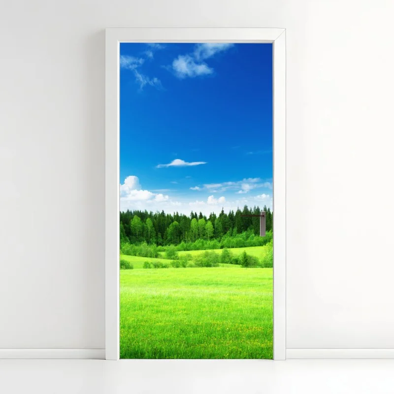 Adesivo per porta paesaggio primaverile con prato e foresta