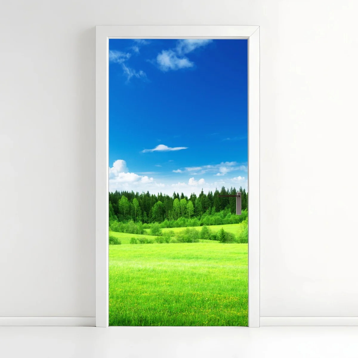 Adesivo per porta paesaggio primaverile con prato e foresta • Wallissimo® Adesivo per porta paesaggio primaverile con prato e foresta • Wallissimo®