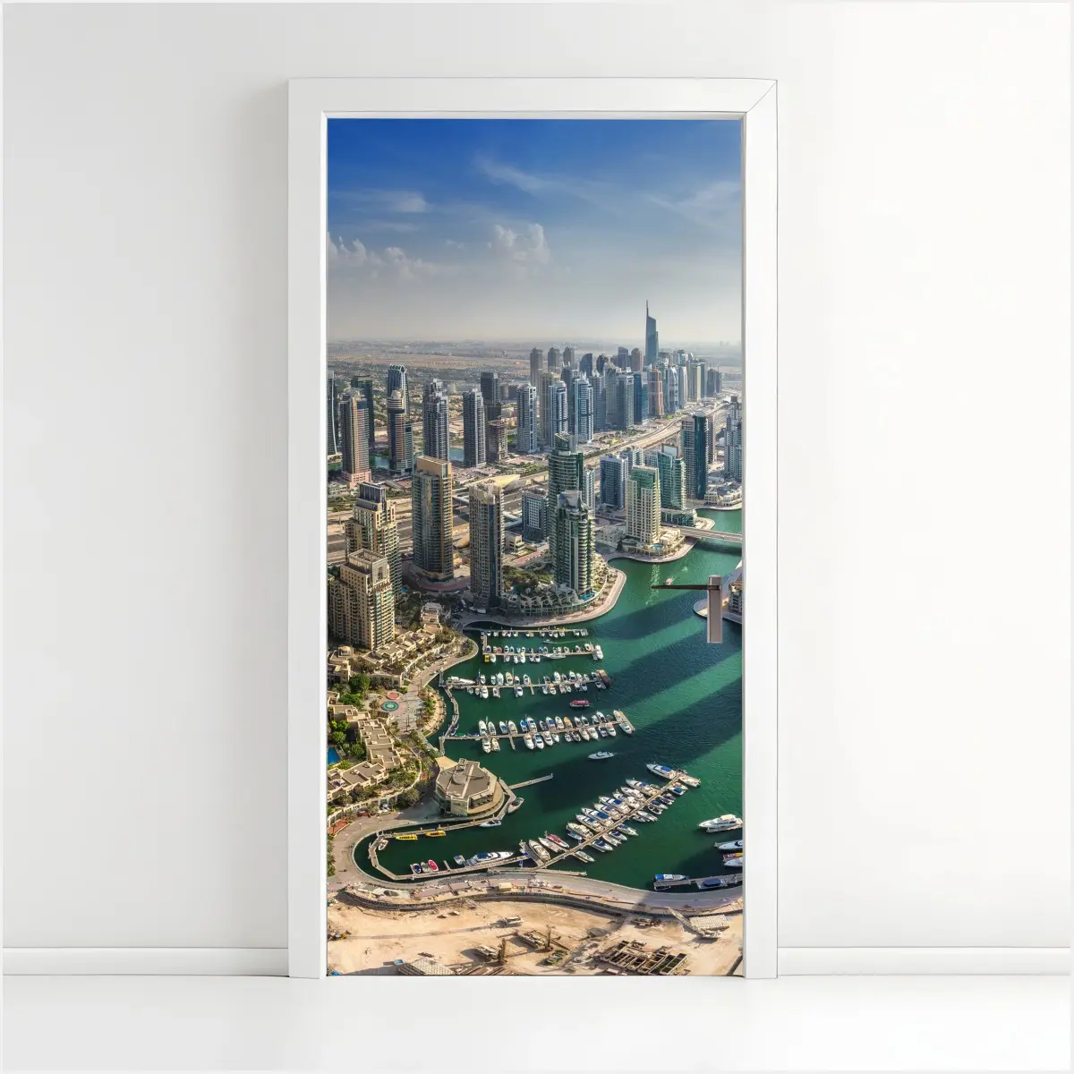 Adesivo per porta vista panoramica di Dubai Marina, skyline moderno • Wallissimo®