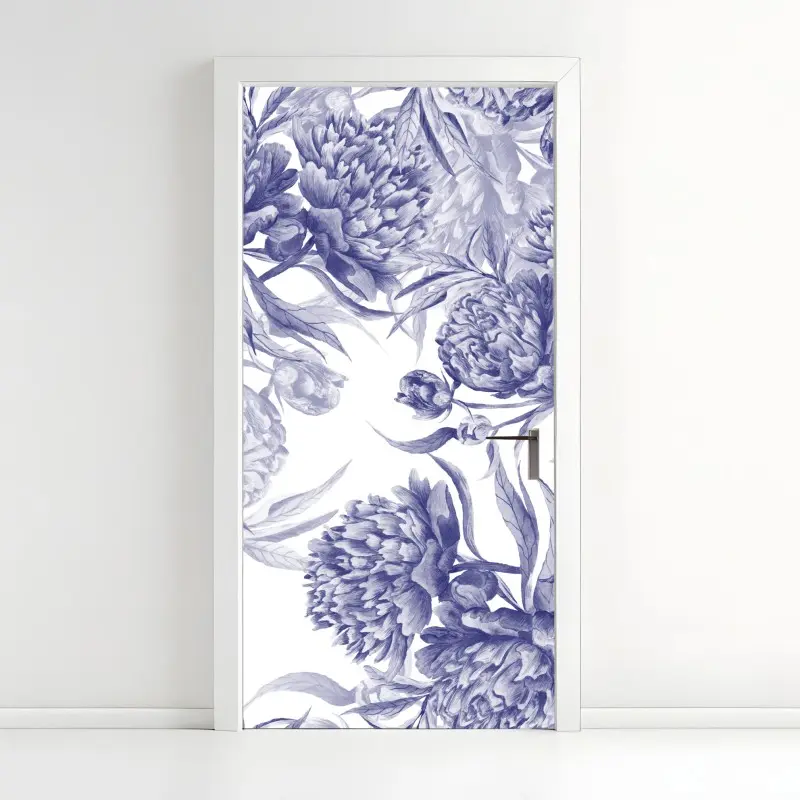 Adesivo per porta motivo elegante di peonie blu su sfondo bianco