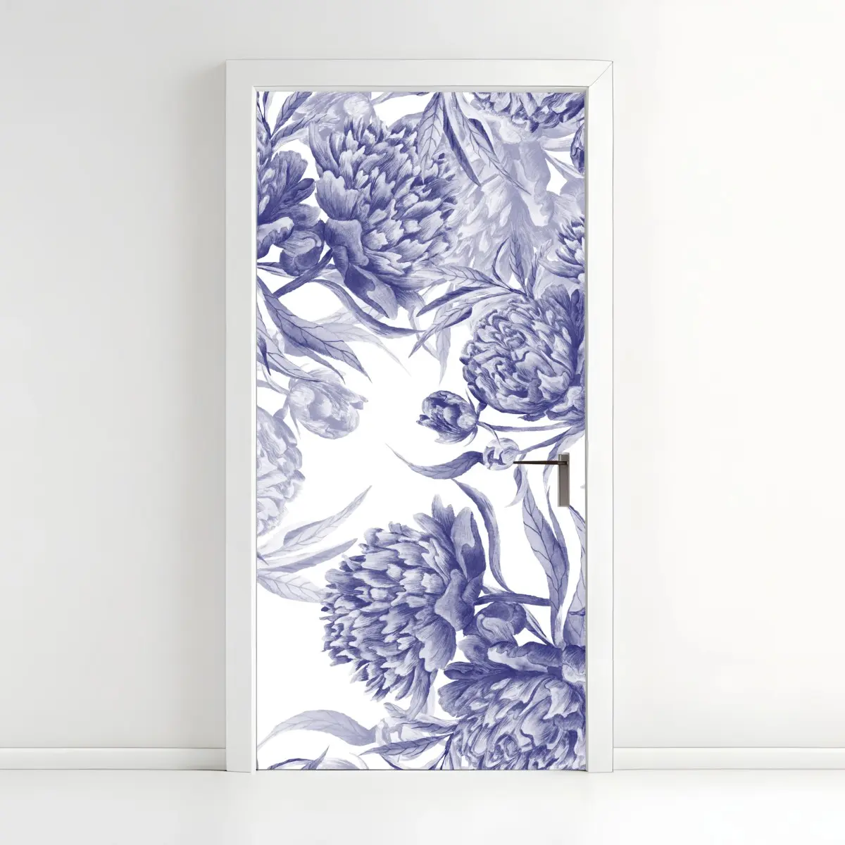 Adesivo per porta motivo elegante di peonie blu su sfondo bianco • Wallissimo®