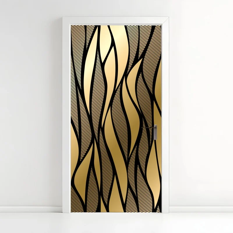 Adesivo per porta motivo ondulato dorato e nero