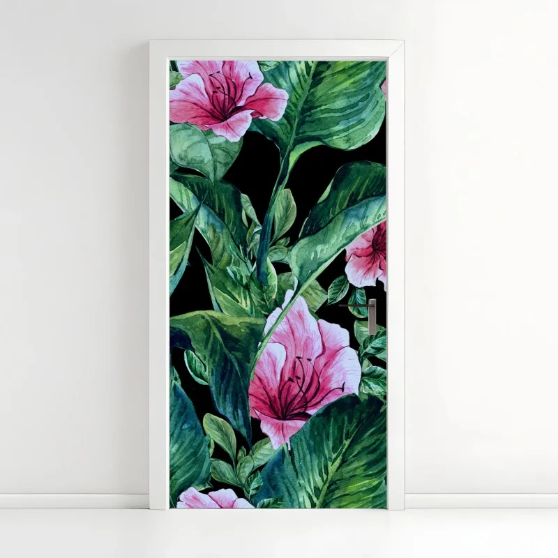 Adesivo per porta motivo botanico tropicale in acquerello su sfondo nero