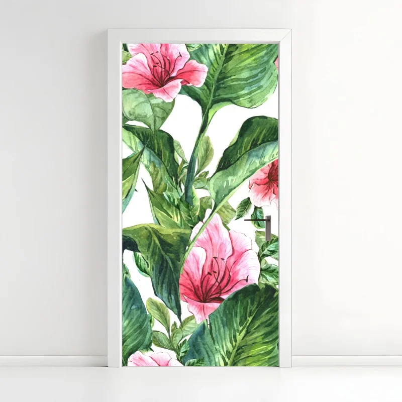 Adesivo per porta motivo botanico tropicale con fiori rosa