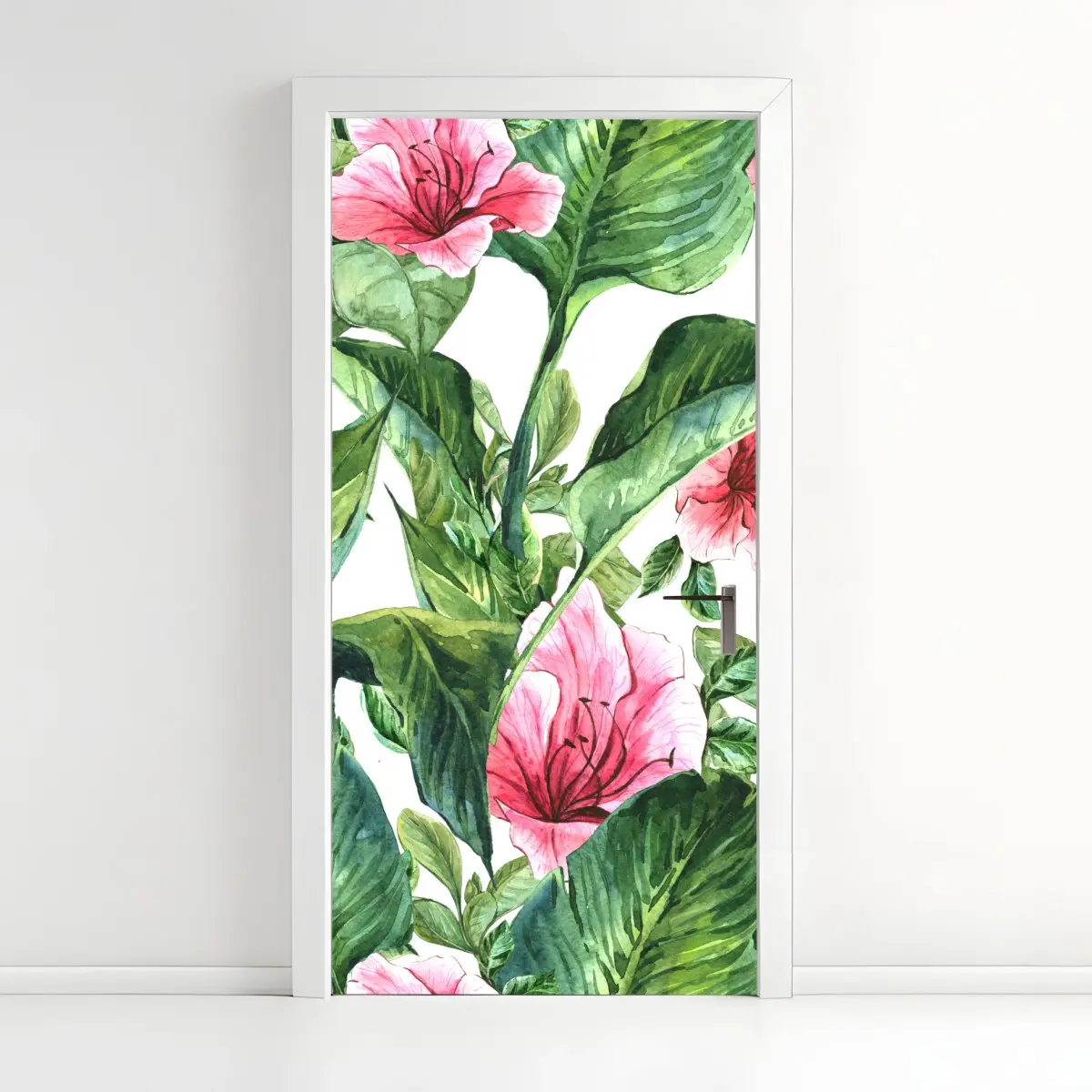 Adesivo per porta motivo botanico tropicale con fiori rosa • Wallissimo®