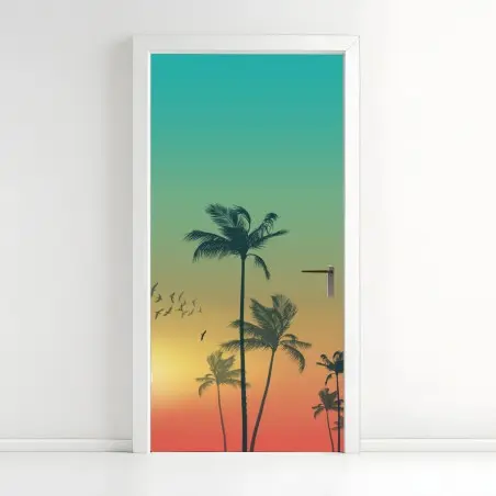 Adesivo per porta tramonto tropicale con palme • Wallissimo®