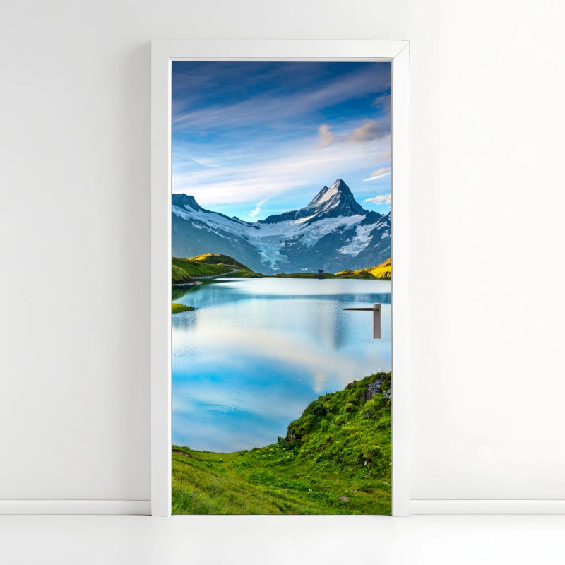Adesivo per porta tramonto alpino sul lago Bachsee con Wetterhorn e Wellhorn