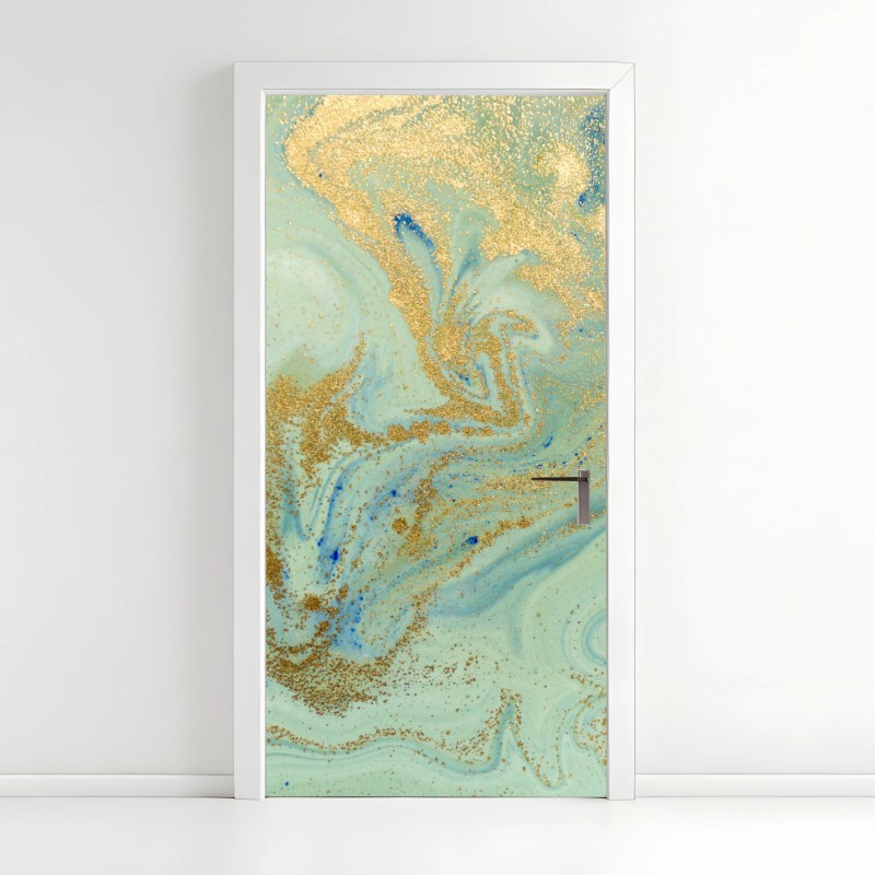 Adesivo per porta design marmorizzato verde acqua con riflessi dorati