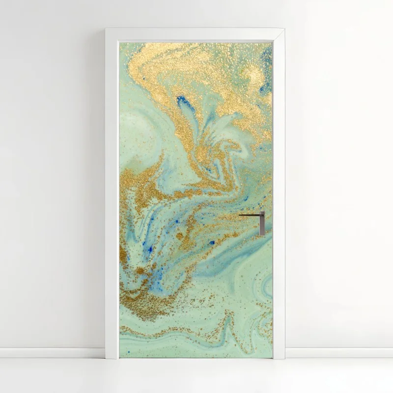Adesivo per porta design marmorizzato verde acqua con riflessi dorati