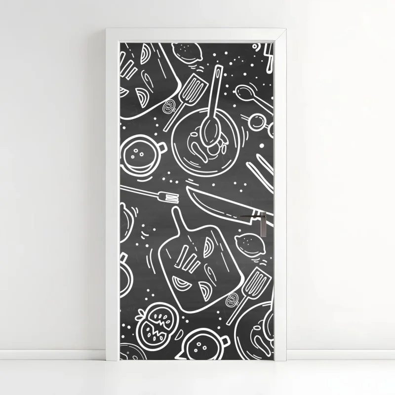 Adesivo per porta motivo utensili da cucina su sfondo lavagna