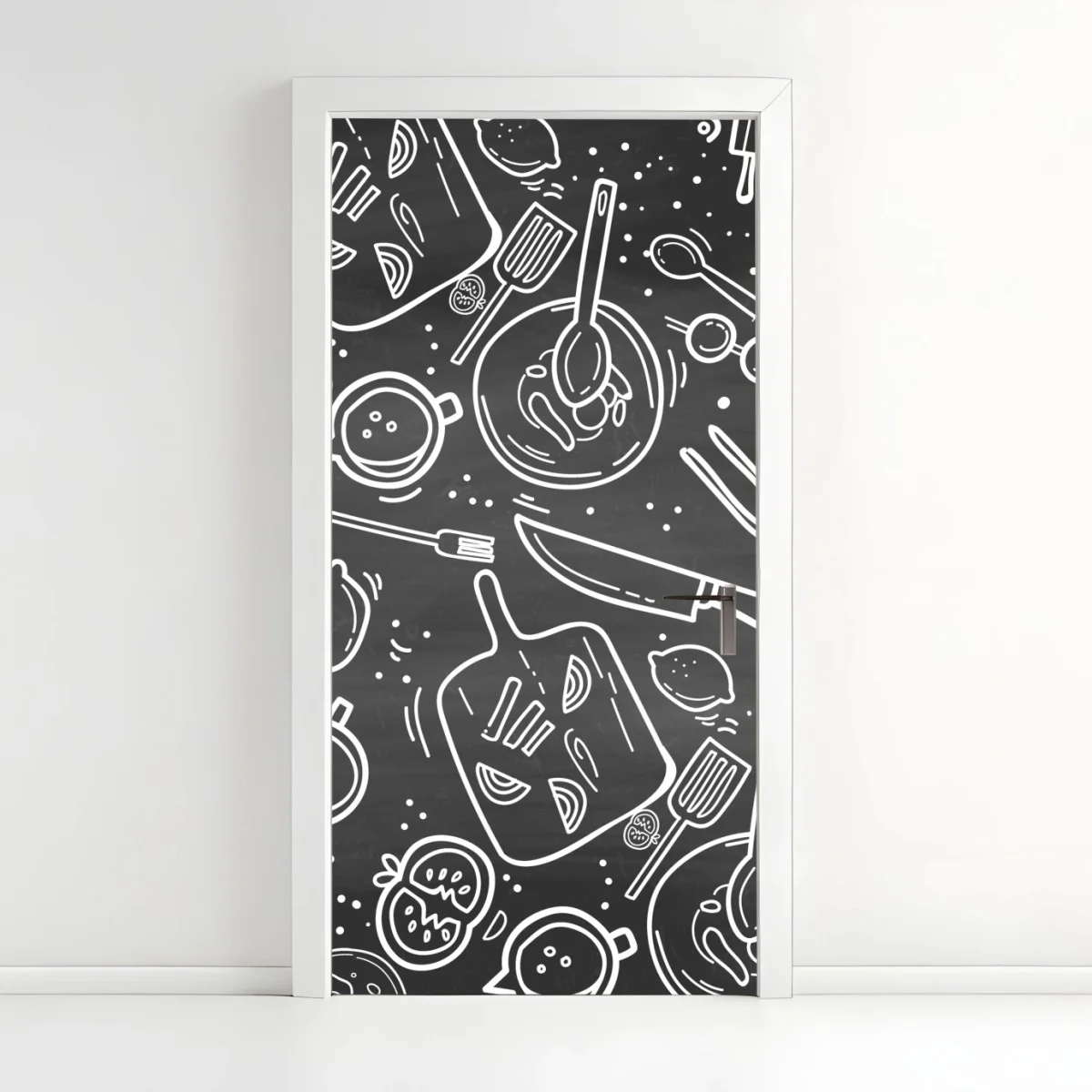 Adesivo per porta motivo utensili da cucina su sfondo lavagna • Wallissimo® Adesivo per porta motivo utensili da cucina su sfondo lavagna • Wallissimo®