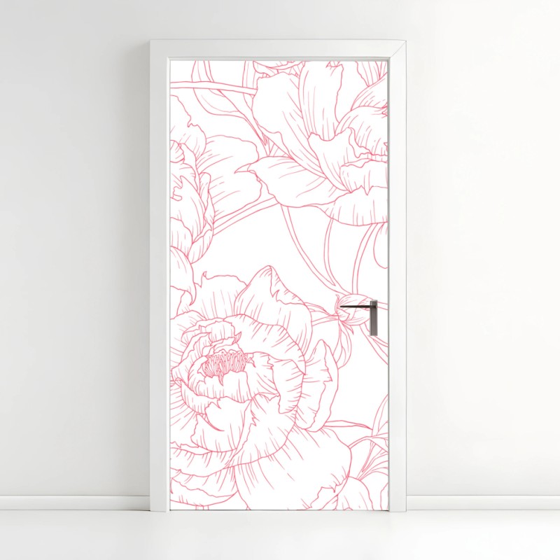 Adesivo per porta motivo floreale di peonie rosa su sfondo bianco