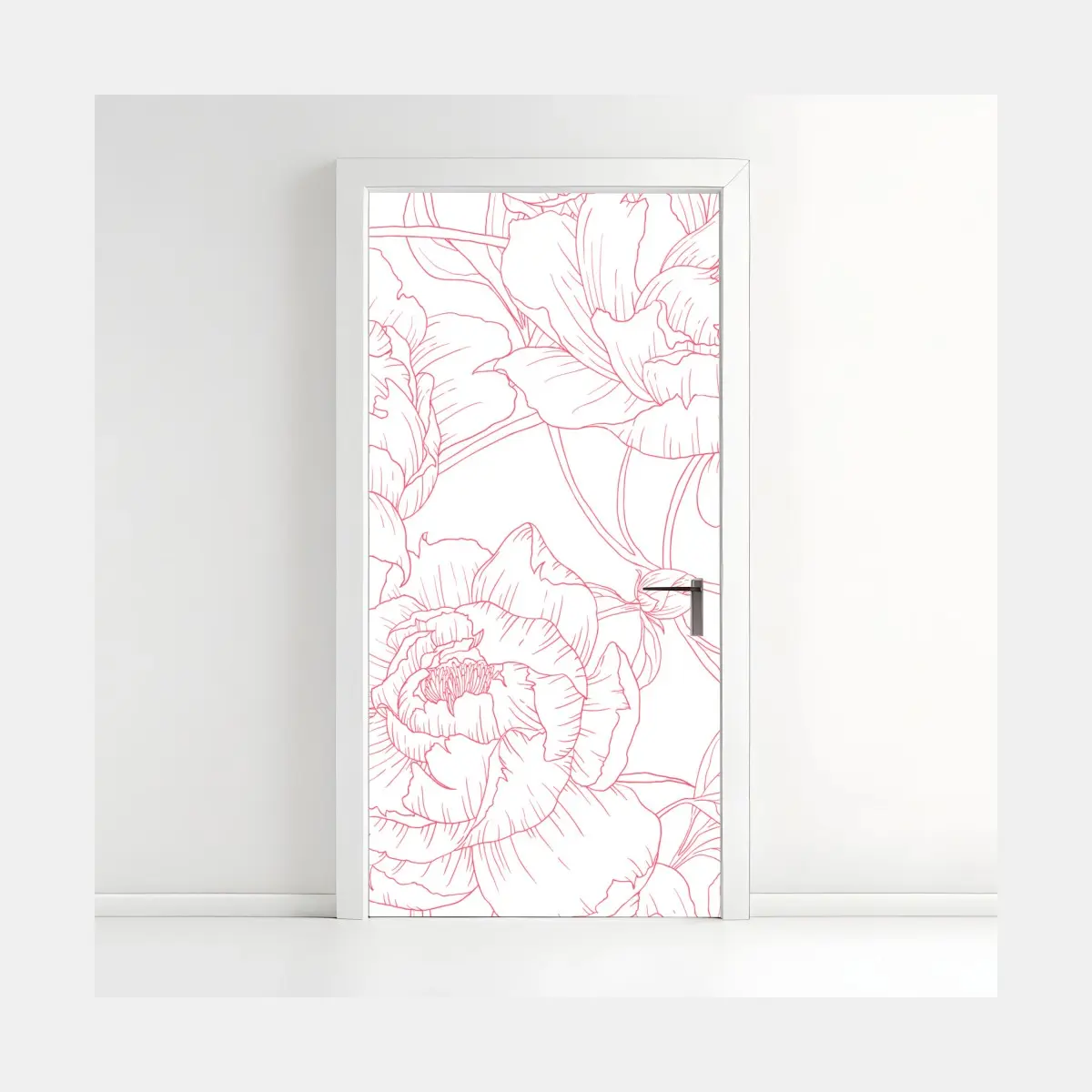 Adesivo per porta motivo floreale di peonie rosa su sfondo bianco • Wallissimo®