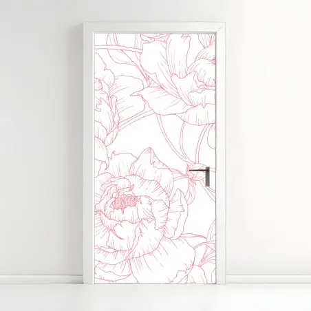 Adesivo per porta motivo floreale di peonie rosa su sfondo bianco • Wallissimo®