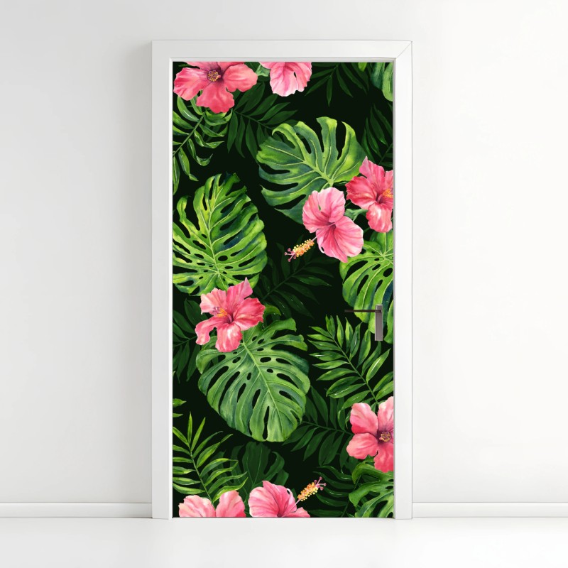 Adesivo per porta motivo tropicale con foglie di monstera e hibiscus rosa