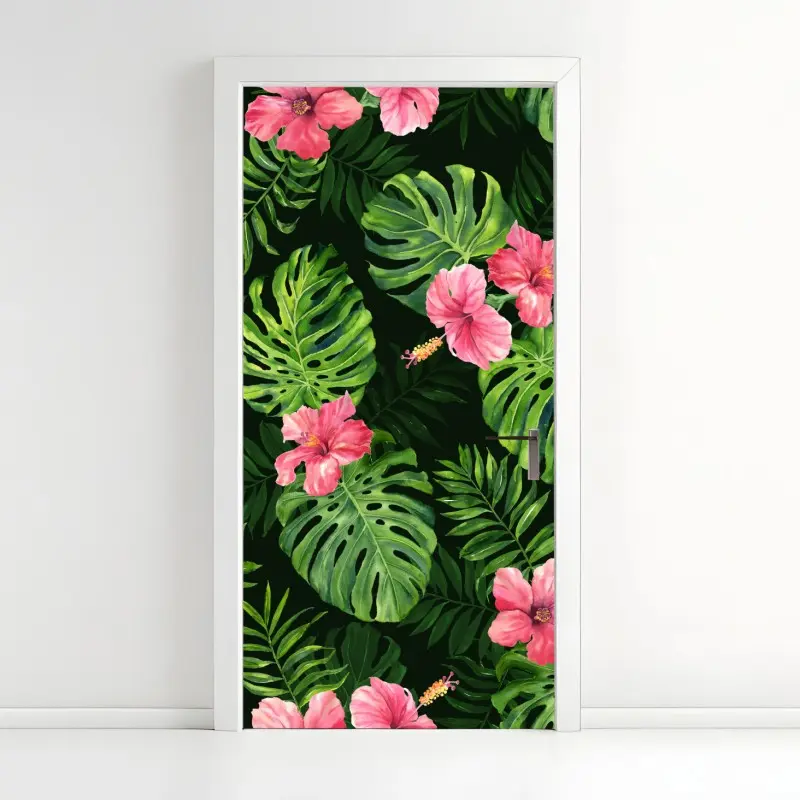 Adesivo per porta motivo tropicale con foglie di monstera e hibiscus rosa