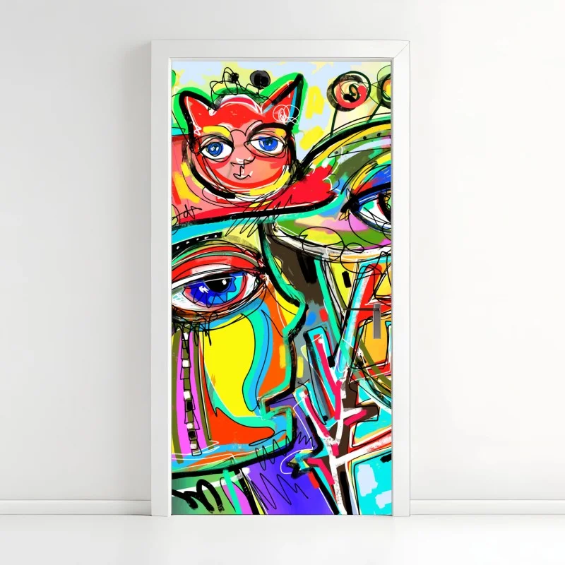 Adesivo per porta ritratto astratto con gatto rosso e uccello