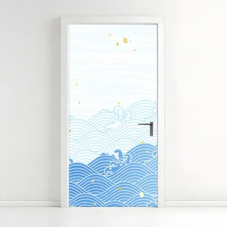 Adesivo per porta motivo di onde stilizzate in blu con dettagli dorati • Wallissimo®