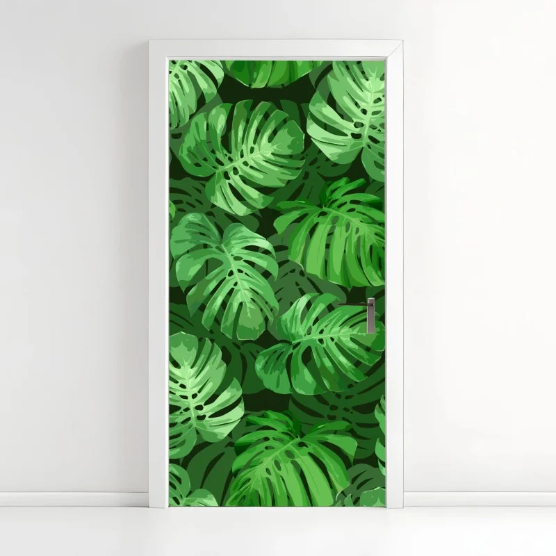 Adesivo per porta motivo tropicale di foglie di monstera