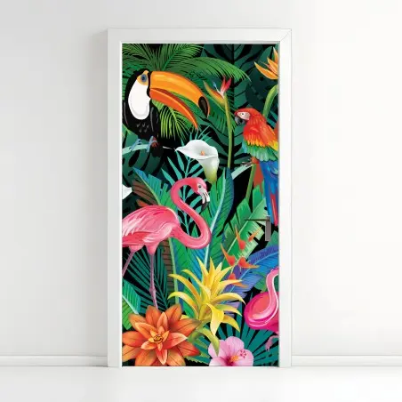 Adesivo per porta vibrazioni tropicali: fauna e flora colorata • Wallissimo®