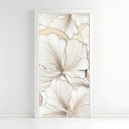 Adesivo per porta motivo floreale a linee sottili crema • Wallissimo®