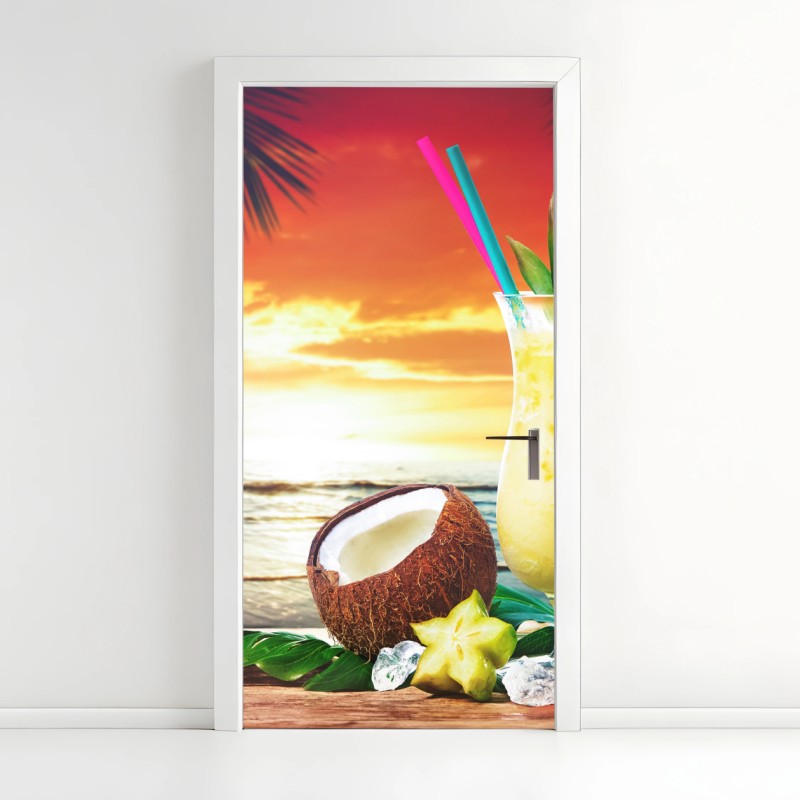 Adesivo per porta tramonto tropicale con pina colada
