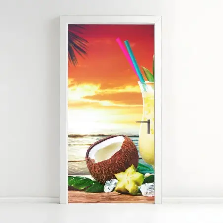 Adesivo per porta tramonto tropicale con pina colada • Wallissimo®
