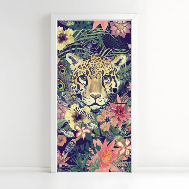 Adesivo per porta ritratto floreale di leopardo in acquerello