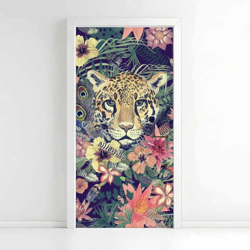 Adesivo per porta ritratto floreale di leopardo in acquerello