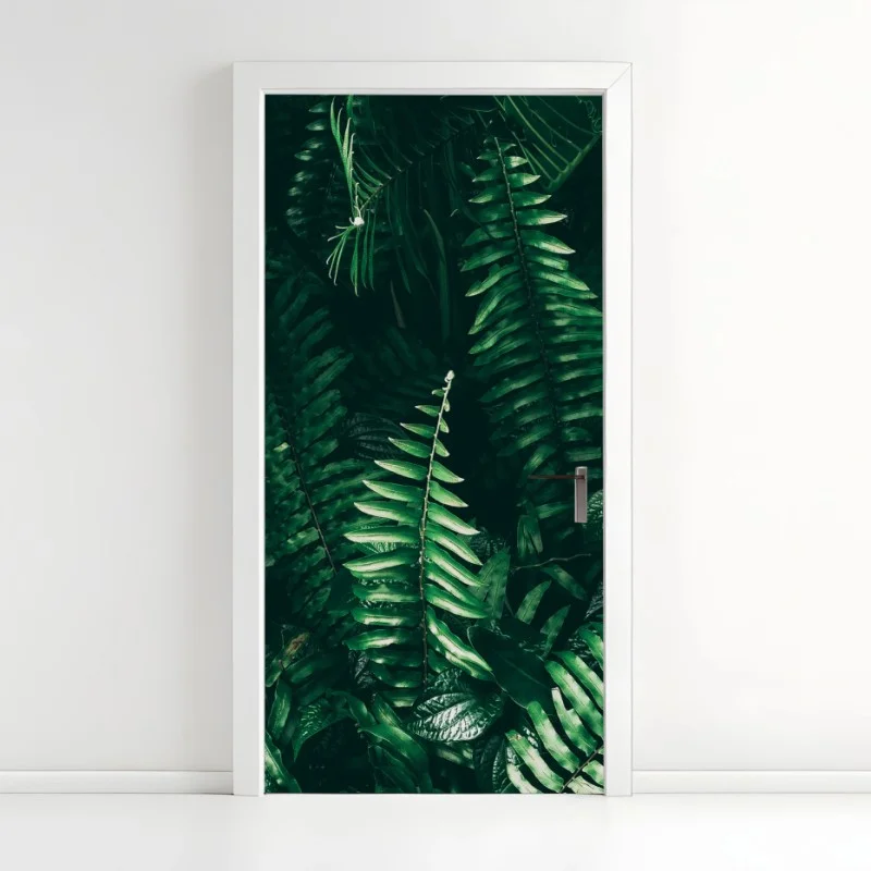 Adesivo per porta verde tropicale: atmosfera di giungla in tonalità scure