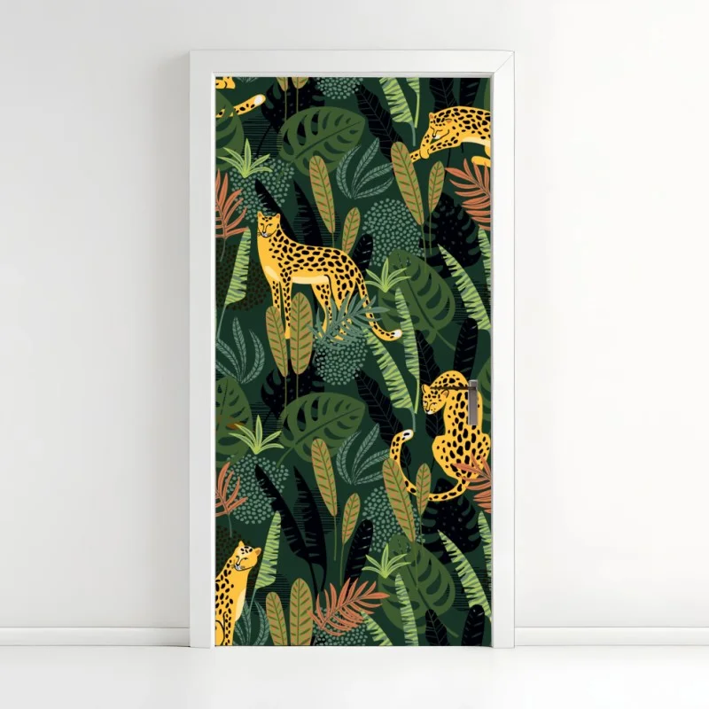 Adesivo per porta motivo giungla con leopardi