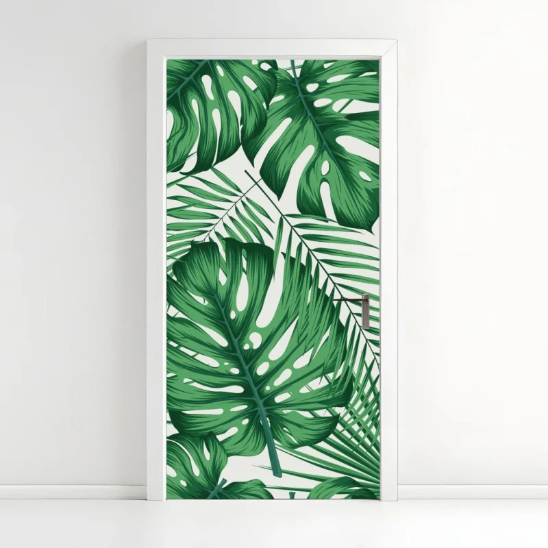 Adesivo per porta motivo tropicale di foglie verdi