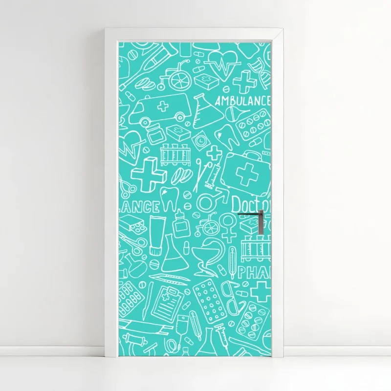 Adesivo per porta pattern sanitario turchese con icone mediche • Wallissimo® Adesivo per porta pattern sanitario turchese con icone mediche • Wallissimo®
