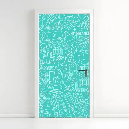 Adesivo per porta pattern sanitario turchese con icone mediche • Wallissimo®