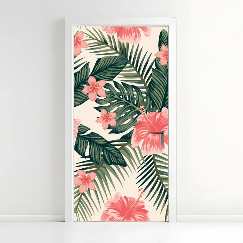 Adesivo per porta motivo tropicale con ibischi rosa