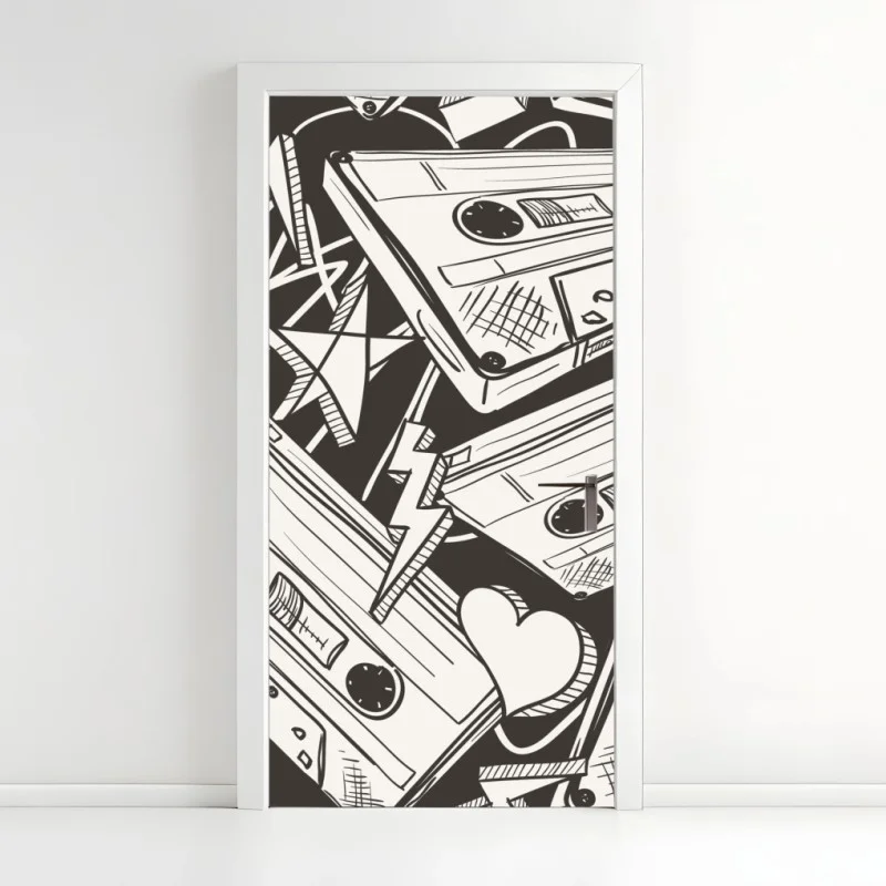 Adesivo per porta motivo vintage di cassette audio