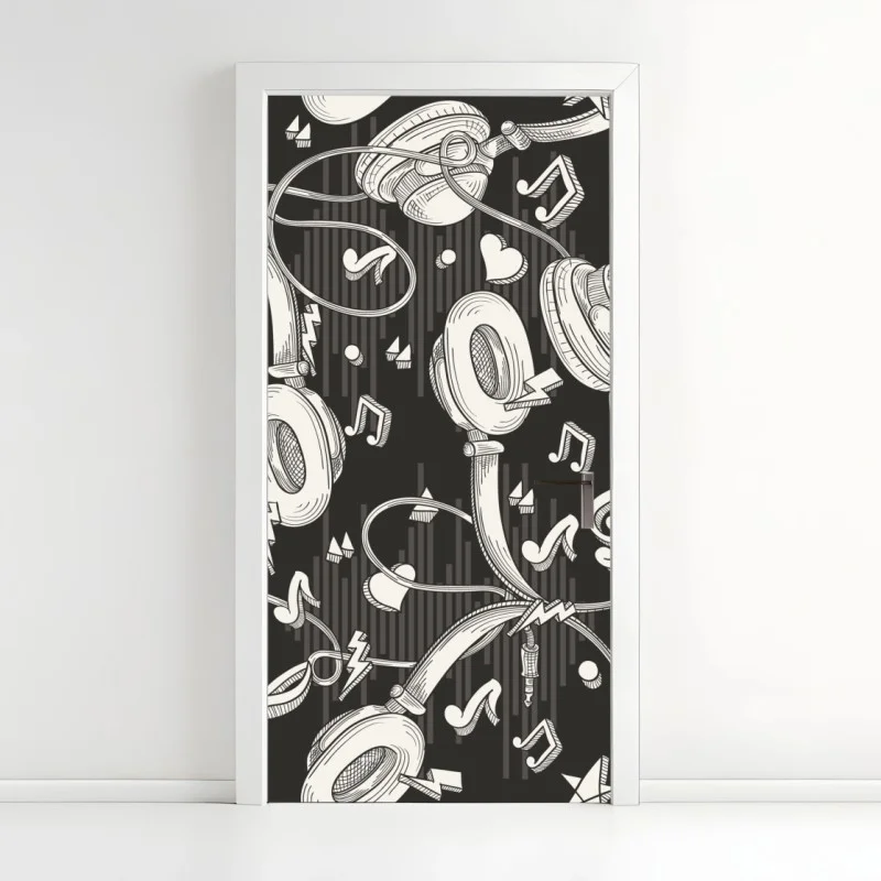 Adesivo per porta vibes musicali: pattern di cuffie e note