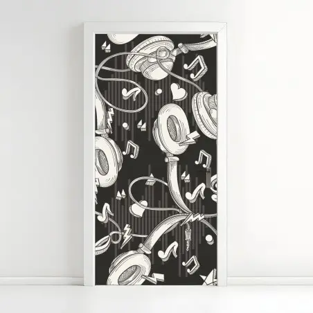 Adesivo per porta vibes musicali: pattern di cuffie e note • Wallissimo®