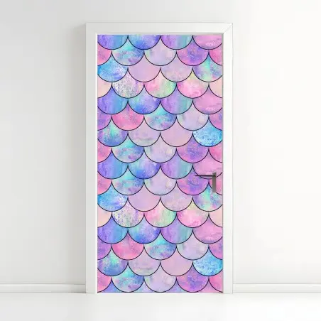 Adesivo per porta motivo squame di sirena acquerellato in tonalità pastello iridescenti • Wallissimo®