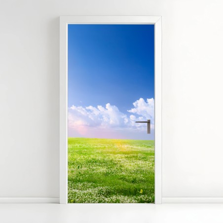 Adesivo per porta prato primaverile sotto il cielo azzurro • Wallissimo®