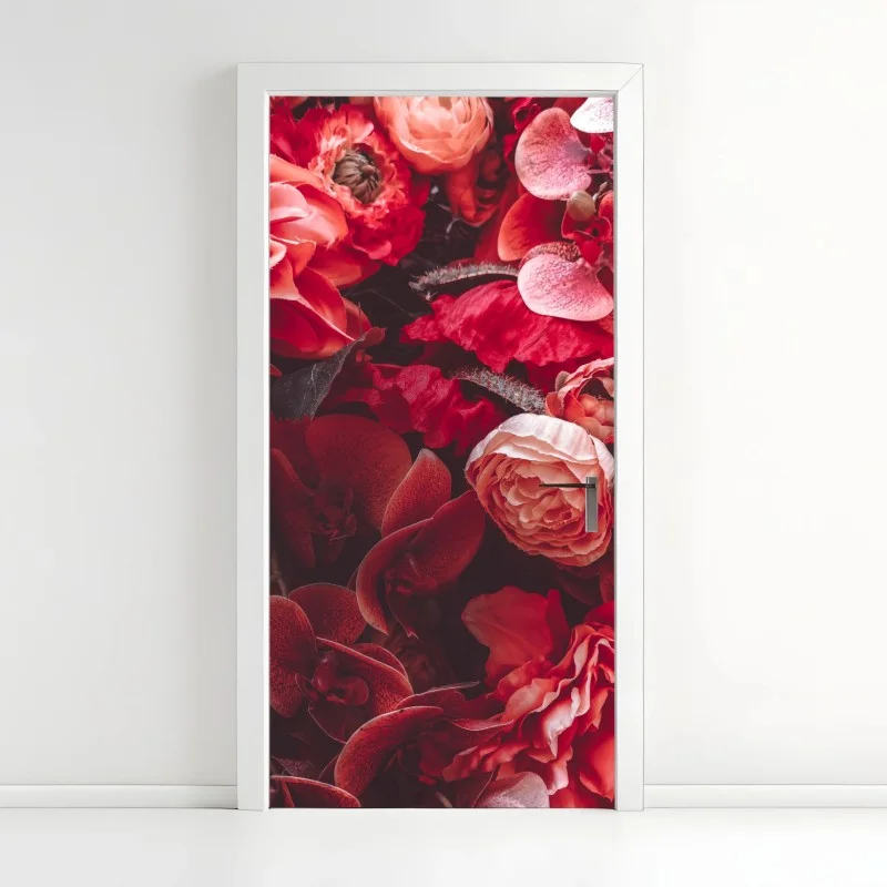 Adesivo per porta composizione floreale rossa e lussuosa
